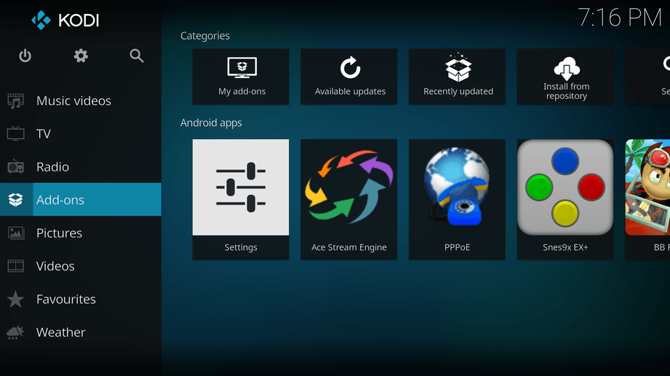 When KODI is launched, scroll down to Add-ons and click the 'my addons' box that appears at the top in the right side